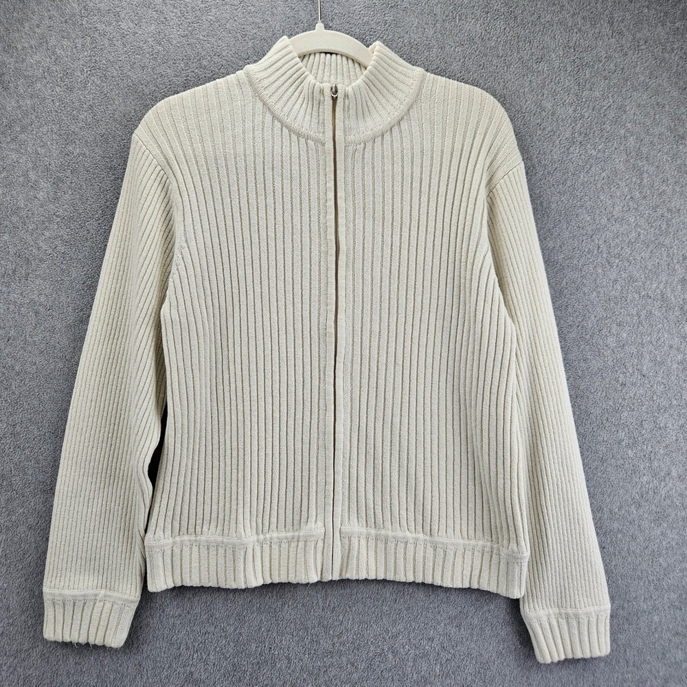 LIZ CLAIBORNE Full Zip Sweater Women PM Cream Ribbed Knit Mock Neck Casual Chic